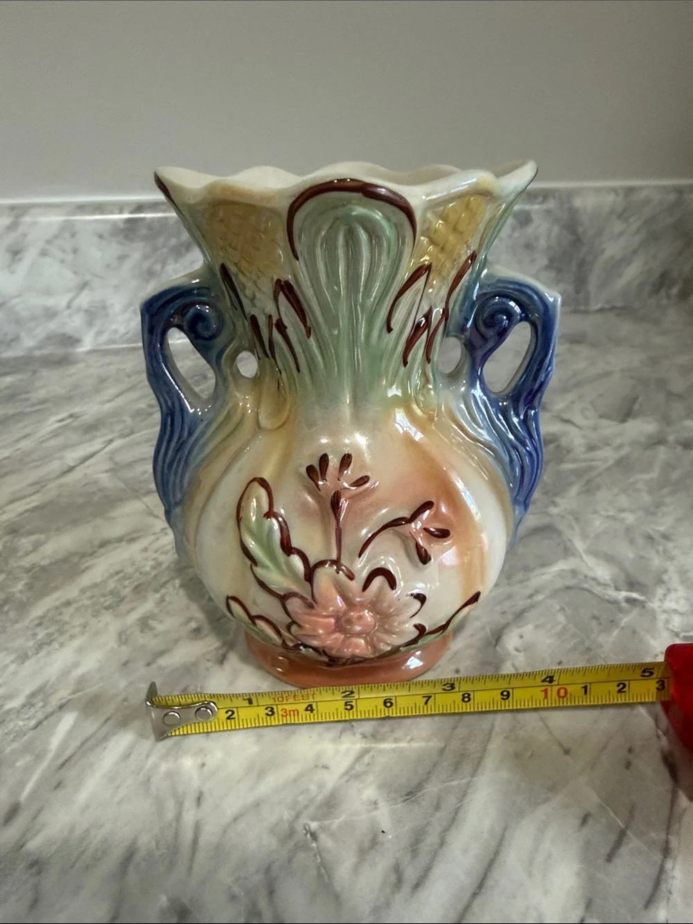 Vintage Made in Brazil Majolica Style Floral Ceramic Vase Blue Handles 5”